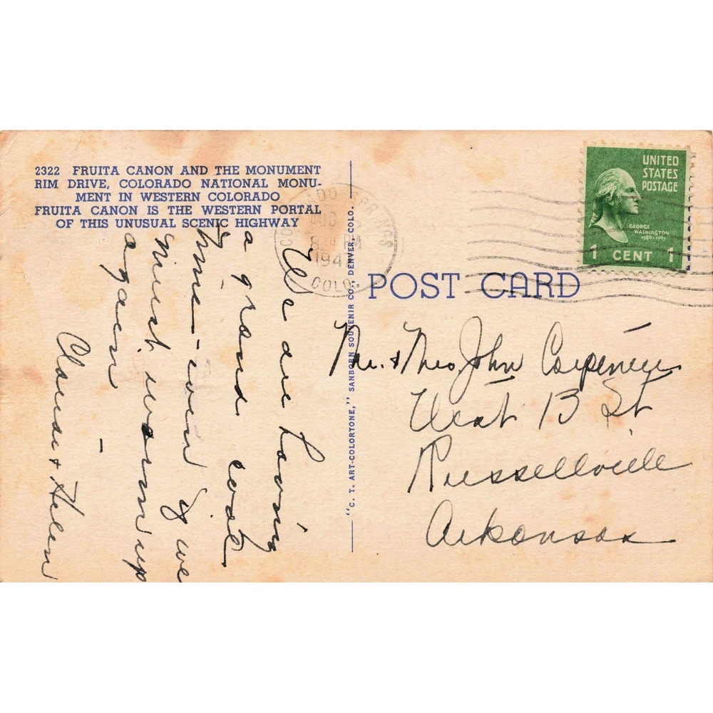 Colorado National Monument Linen Postcard 1944 Fruita Canon Rim Drive Sanborn - Picture 2 of 2
